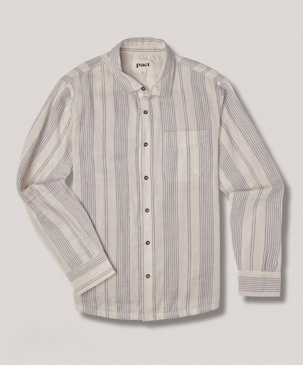 Pact Mens XL Coastal Orgnanic Long Sleeve Button Up Shirt East Coast Stripe Blue